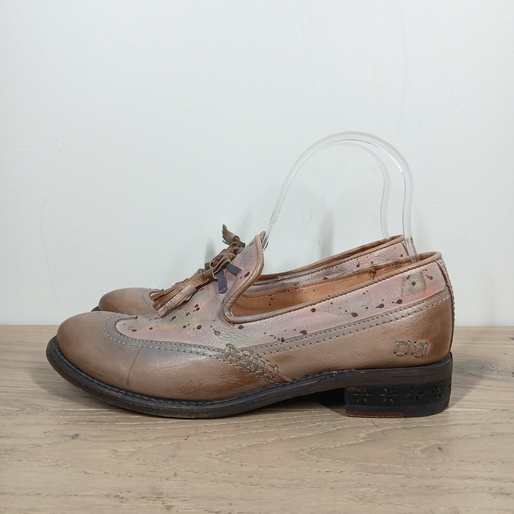 Bed Stu Tassel Loafers Women 7 Tan Leather Splatter Wingtip Brogue Carved Heel
